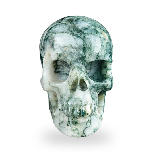 Kindred Vein 4.5" Moss Agate Hand Carved Crystal Realistic Skull Sculpture (SKU: SKH45MA01) - Photo 1