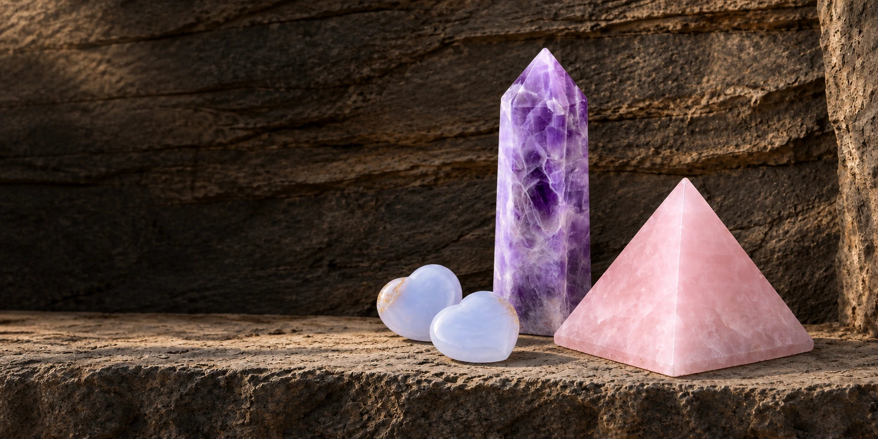 Amethyst point, rose quartz pyramid and blue chalcedony hearts on a stone shelf
