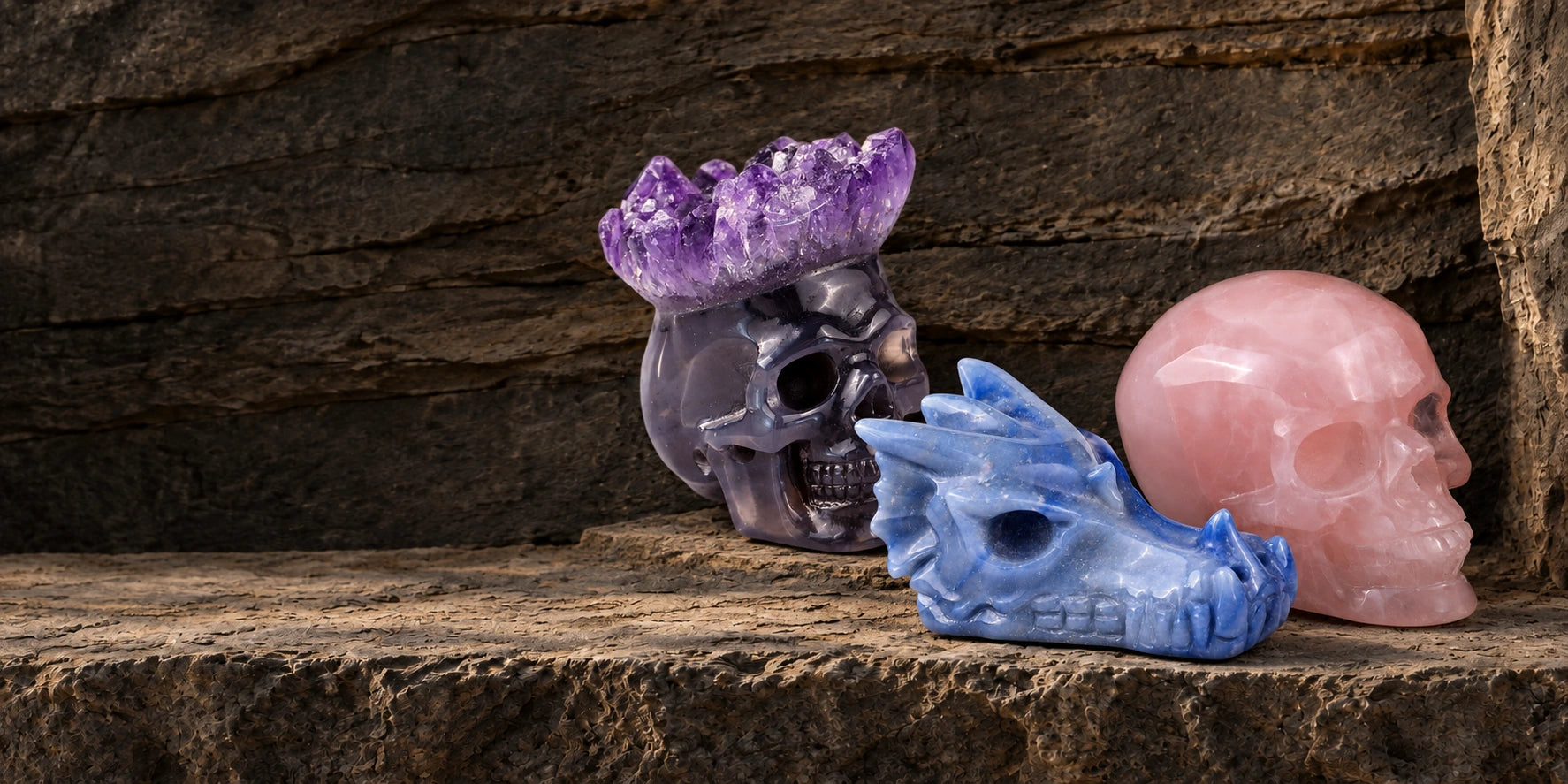 Amethyst and rose quartz skulls with a blue dragon head on a stone shelf