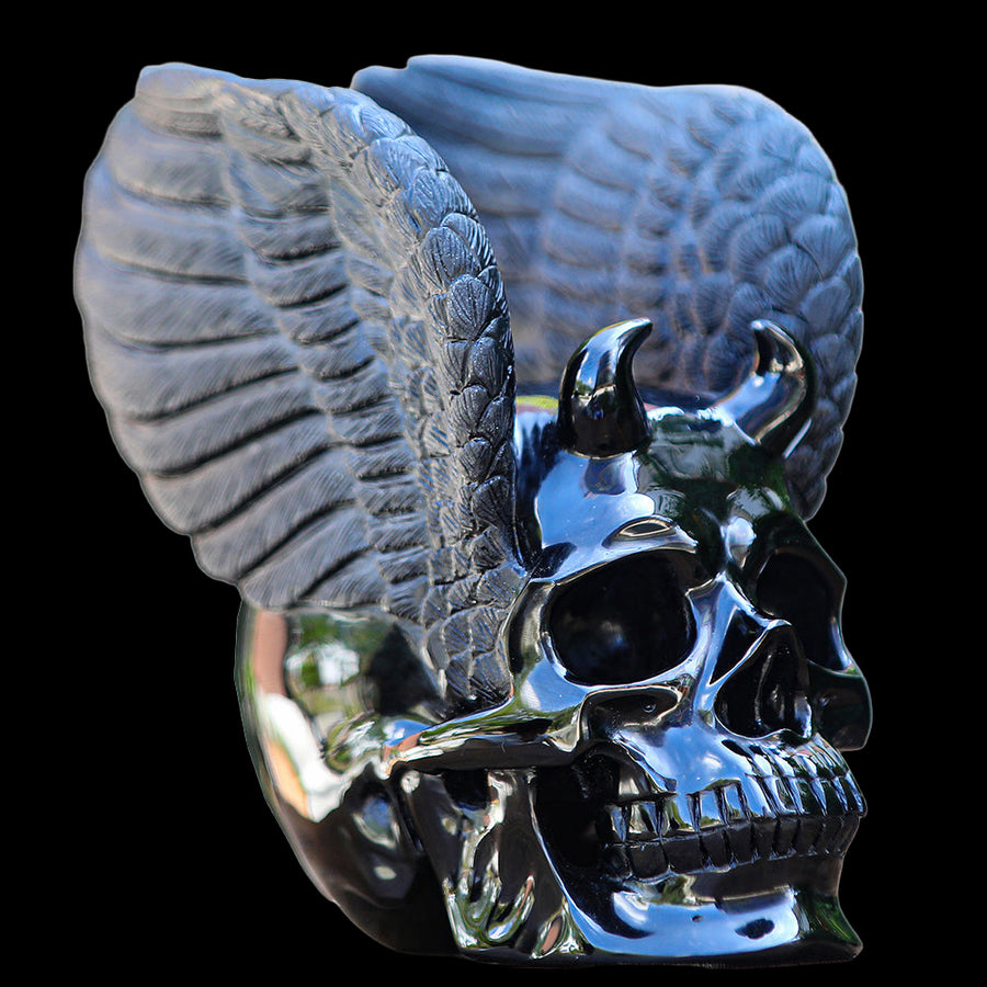 7.1" Obsidian Crystal Skull with Wings