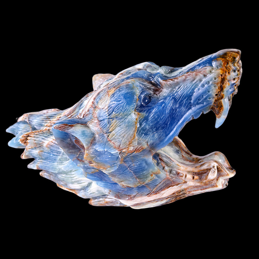 9.8" Blue Angelite Wolf Head Carving