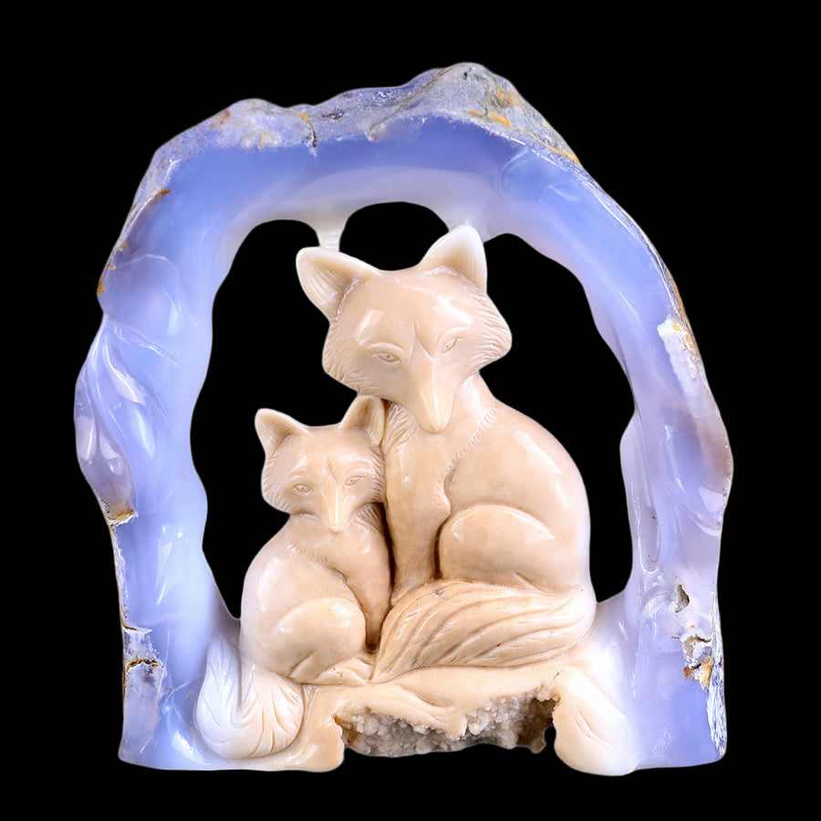 5.8" Blue Chalcedony Mother and Baby Fox Carving