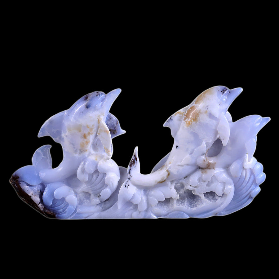 11.0" Blue Chalcedony Geode Dolphins Carving