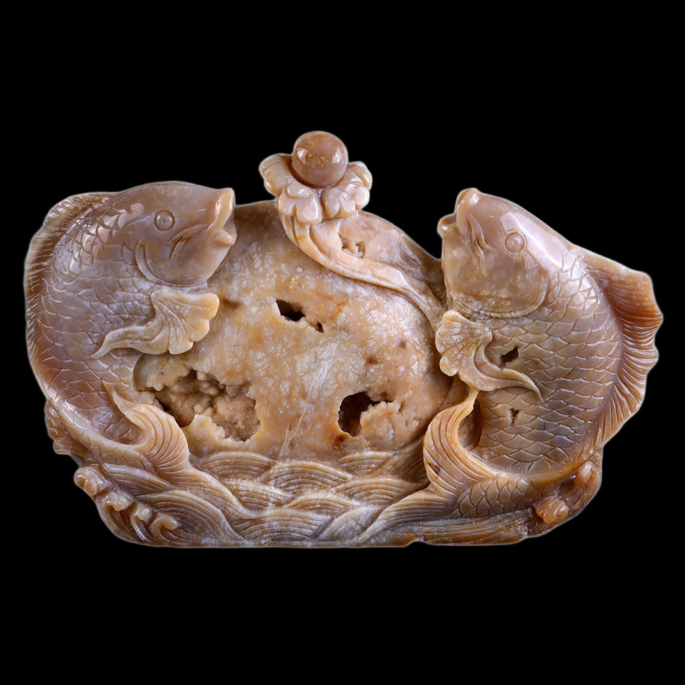 10.6" Yellow Chalcedony Double Fish Playing with Ball Carving