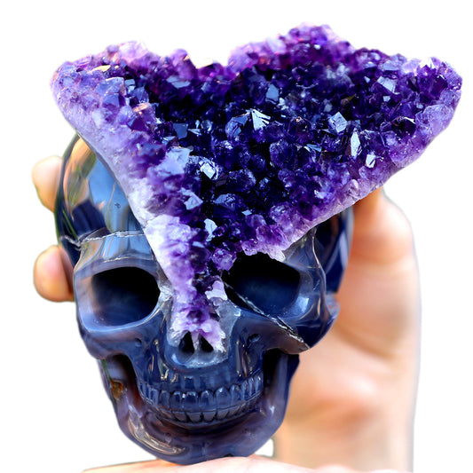 Kindred Vein 4.8" Amethyst Cluster Human Skull Carving Sculpture (SKU: 3100255) - Photo 1