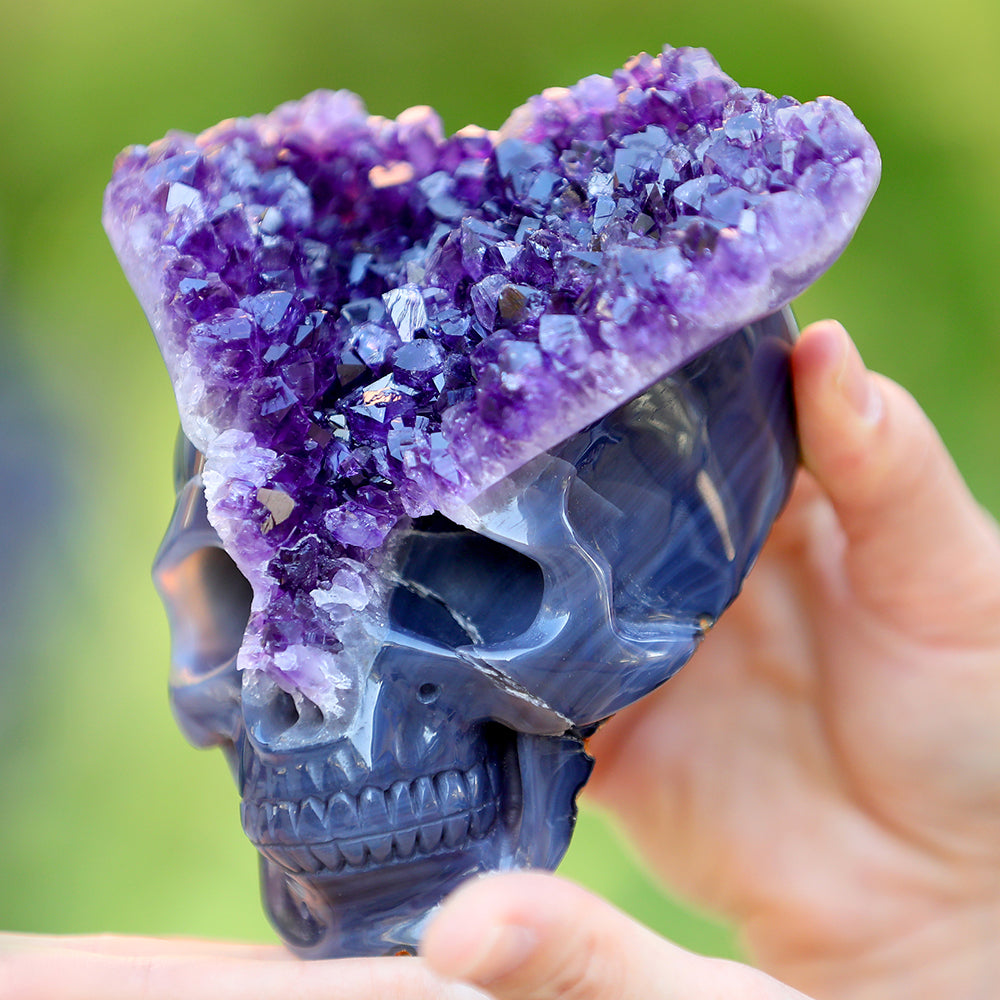 Kindred Vein 4.8" Amethyst Cluster Human Skull Carving Sculpture (SKU: 3100255) - Photo 9