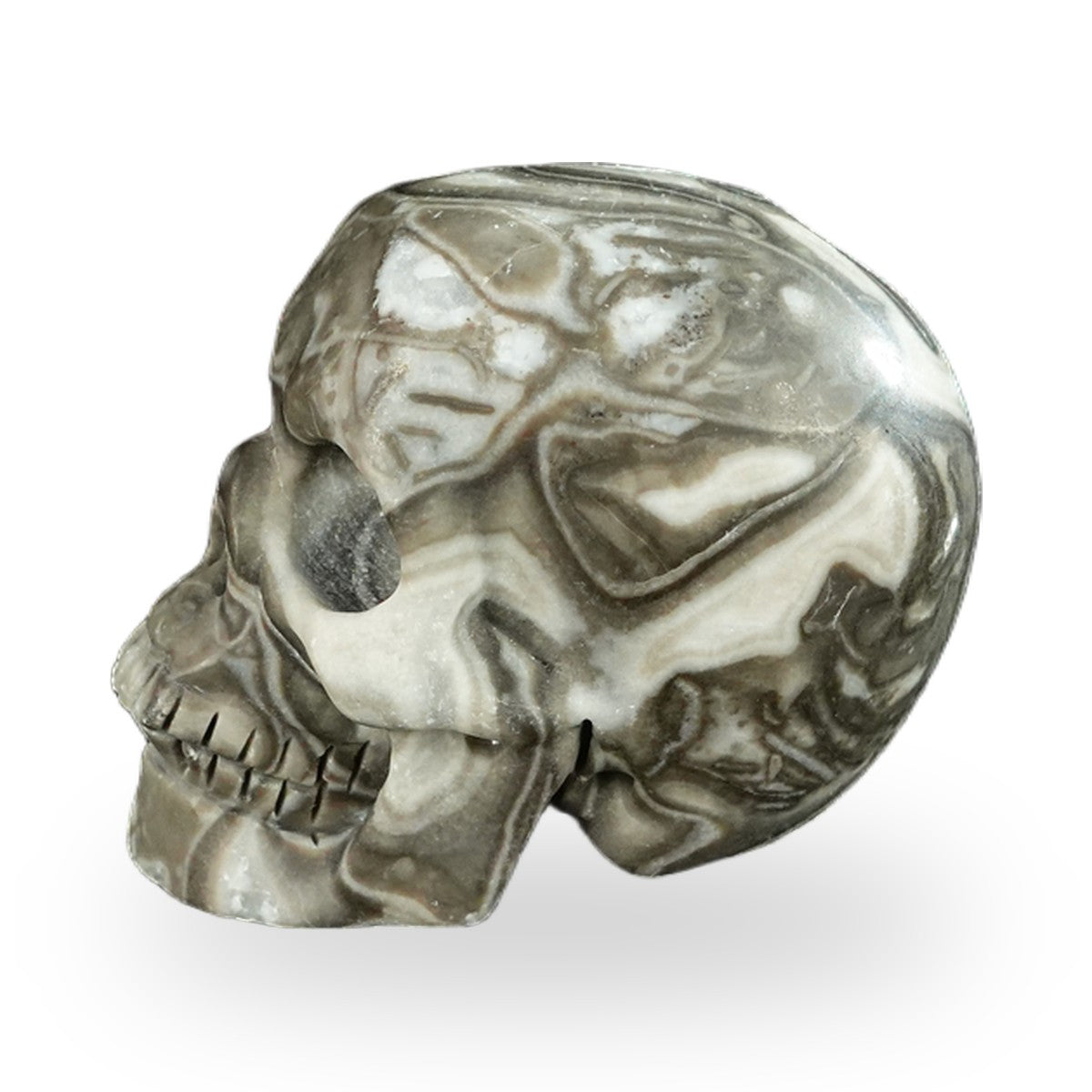 Kindred Vein 2.2" Black Crazy Agate Hand Carved Crystal Realistic Skull Sculpture (SKU: SKH20BCA02) - Photo 14