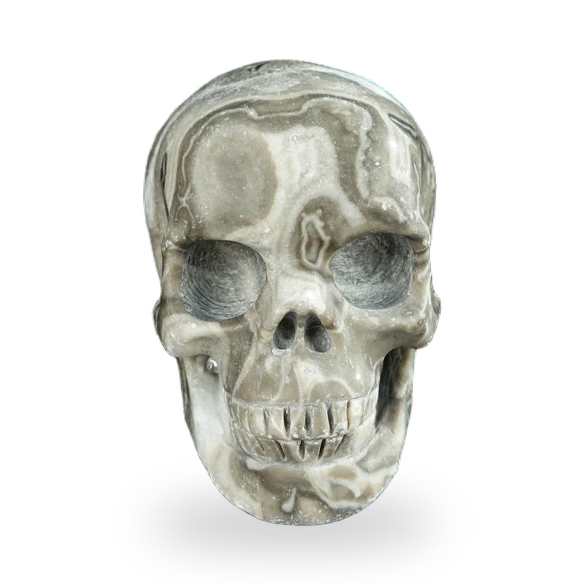 Kindred Vein 2.2" Black Crazy Agate Hand Carved Crystal Realistic Skull Sculpture (SKU: SKH20BCA04) - Photo 25