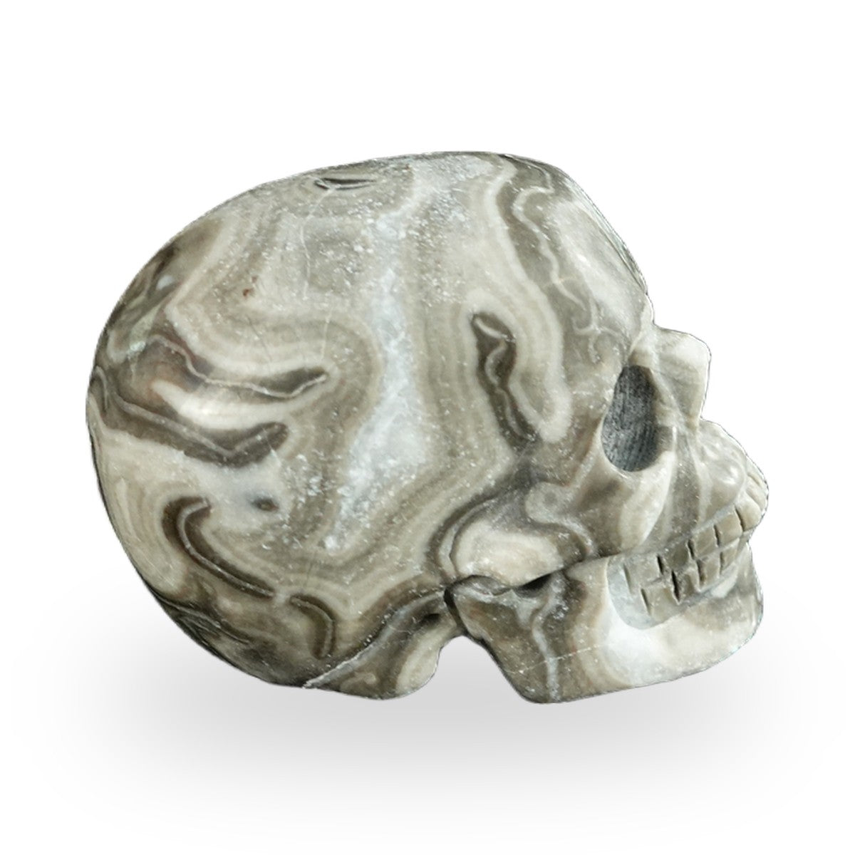 Kindred Vein 2.2" Black Crazy Agate Hand Carved Crystal Realistic Skull Sculpture (SKU: SKH20BCA04) - Photo 29