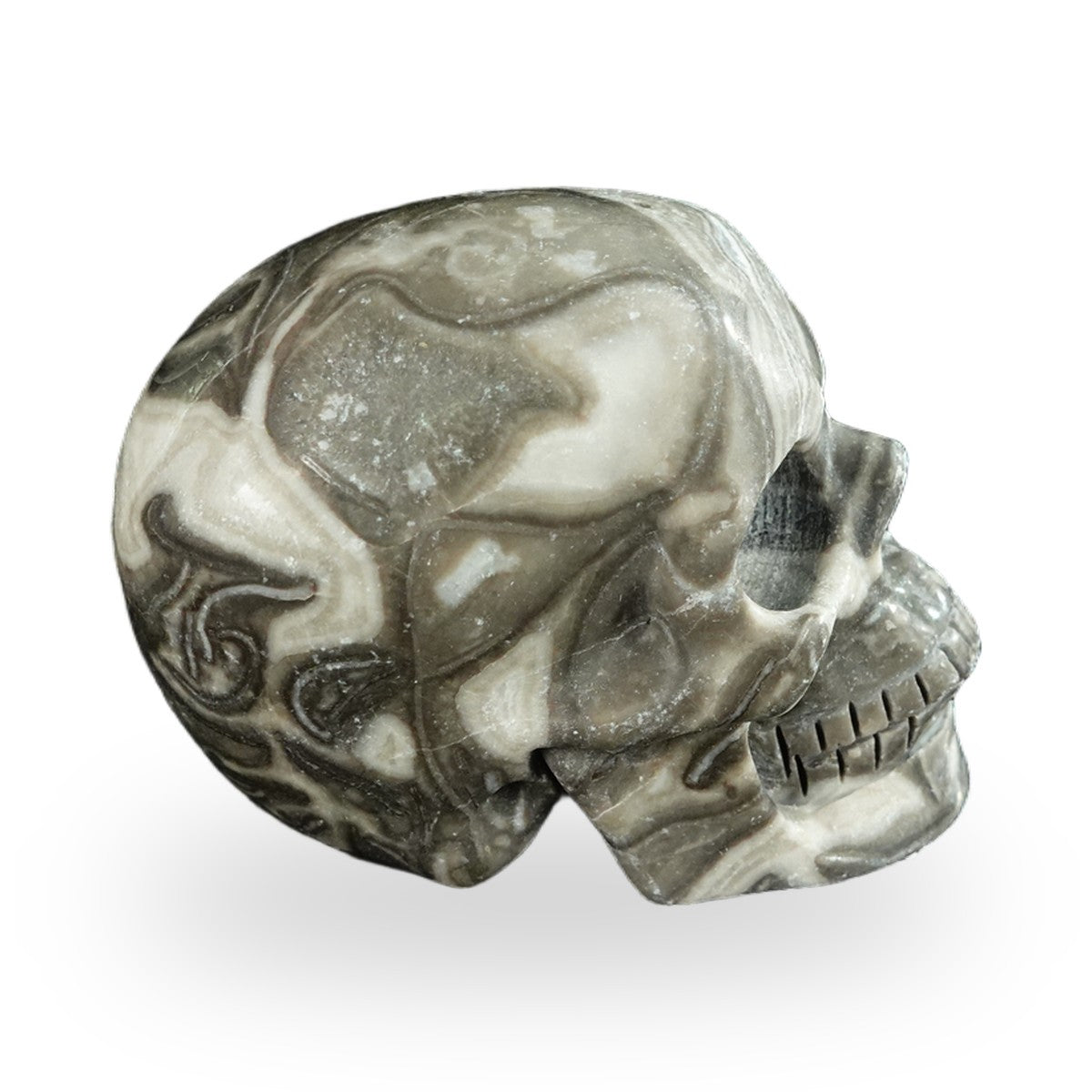 Kindred Vein 2.2" Black Crazy Agate Hand Carved Crystal Realistic Skull Sculpture (SKU: SKH20BCA09) - Photo 67