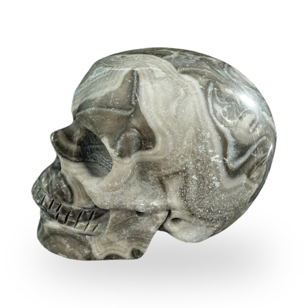 Kindred Vein 2.2" Black Crazy Agate Hand Carved Crystal Realistic Skull Sculpture (SKU: SKH20BCA09) - Photo 68