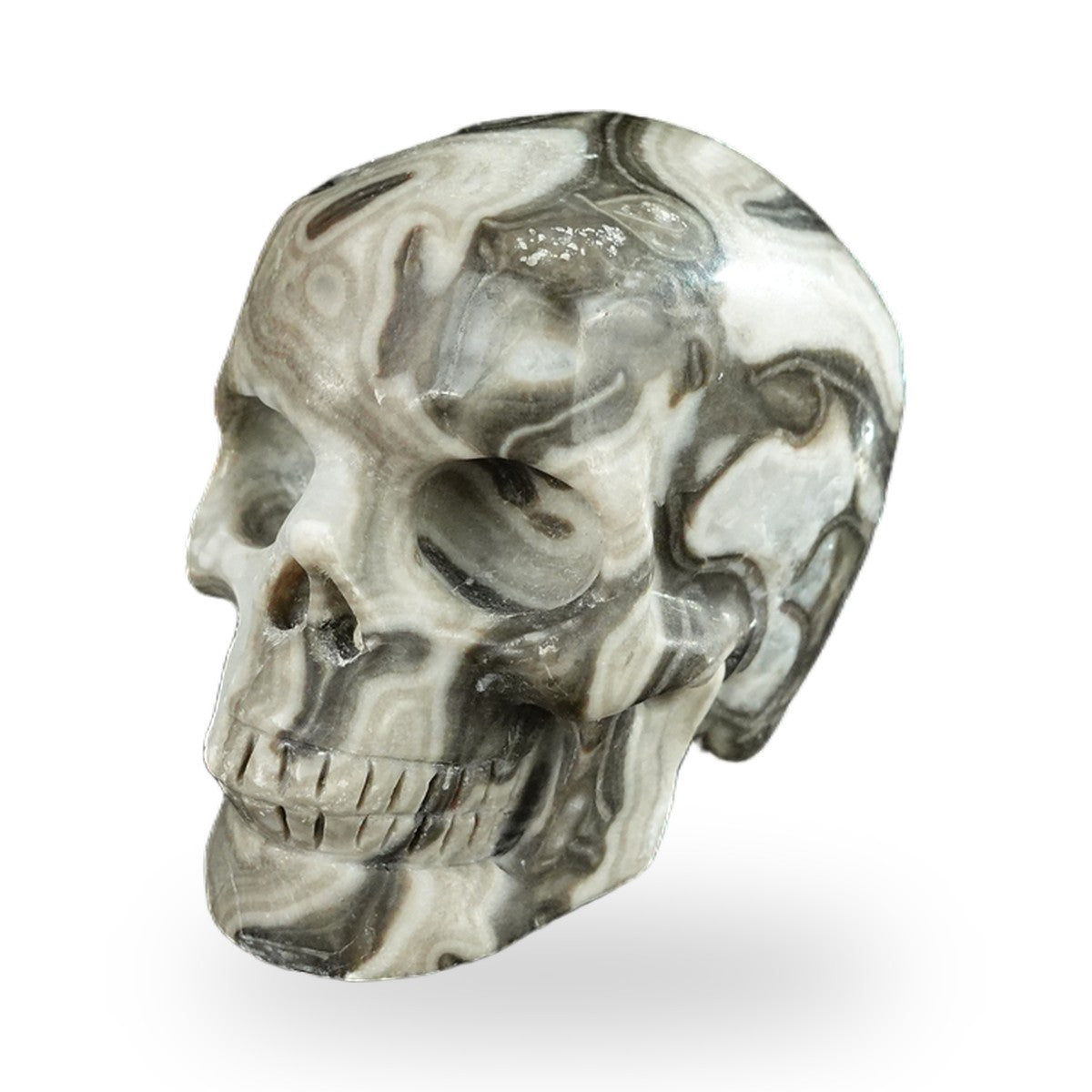 Kindred Vein 2.2" Black Crazy Agate Hand Carved Crystal Realistic Skull Sculpture (SKU: SKH20BCA12) - Photo 94