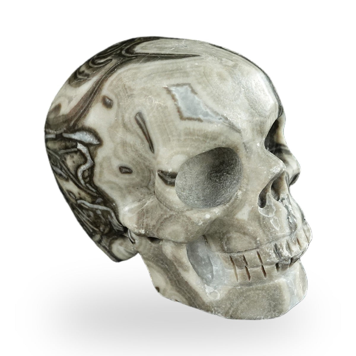 Kindred Vein 2.2" Black Crazy Agate Hand Carved Crystal Realistic Skull Sculpture (SKU: SKH20BCA20) - Photo 152