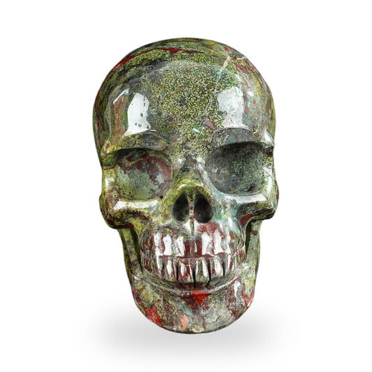 Kindred Vein 4.5" Dragon Blood Jasper Hand Carved Crystal Realistic Skull Sculpture (SKU: SKH45DB01) - Photo 1