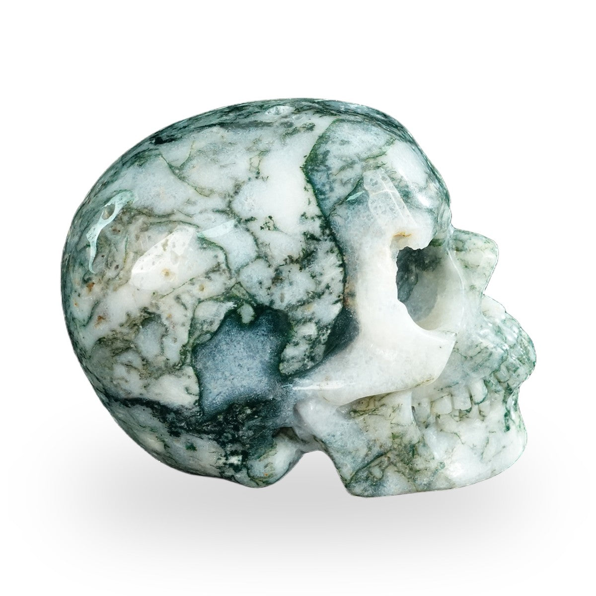 Kindred Vein 4.5" Moss Agate Hand Carved Crystal Realistic Skull Sculpture (SKU: SKH45MA01) - Photo 4
