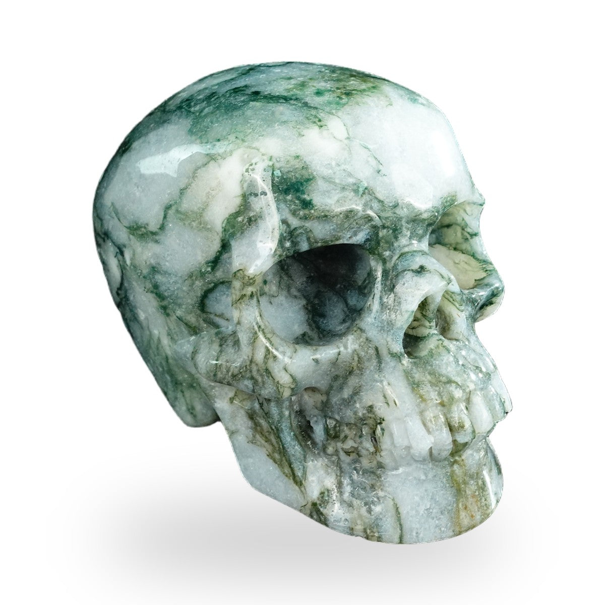Kindred Vein 4.5" Moss Agate Hand Carved Crystal Realistic Skull Sculpture (SKU: SKH45MA02) - Photo 8