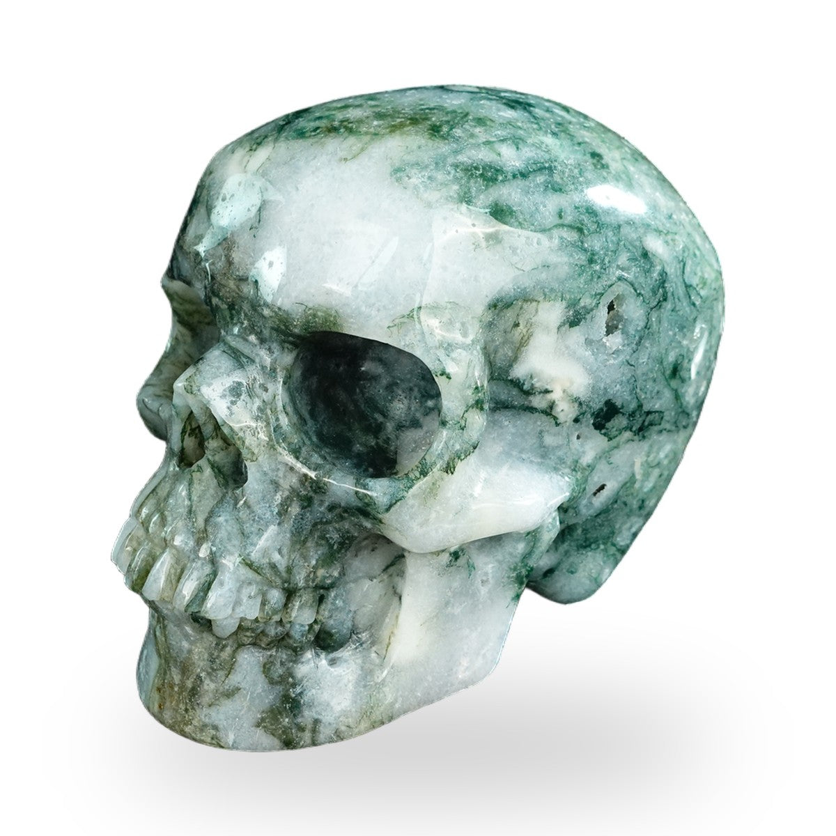 Kindred Vein 4.5" Moss Agate Hand Carved Crystal Realistic Skull Sculpture (SKU: SKH45MA02) - Photo 11