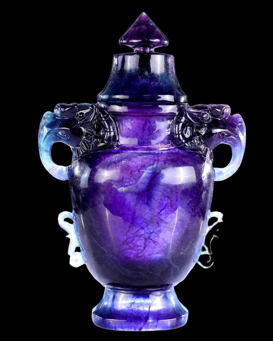 10.6" Natural Fluorite Hand Carved Crystal Vase with Lid