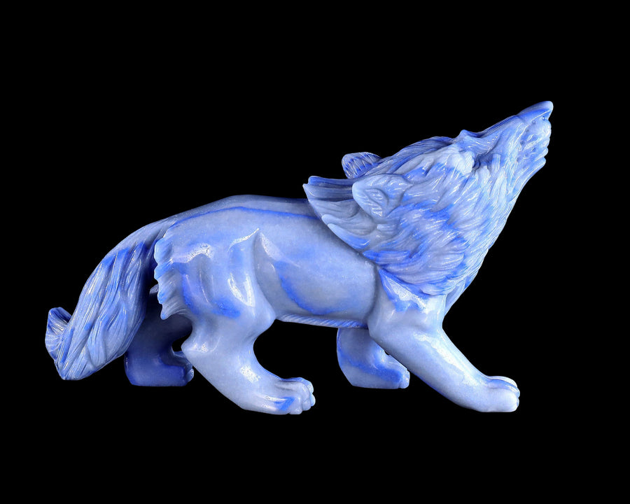 11" Blue Aventurine Crystal Wolf: Hand Carved Home Decor