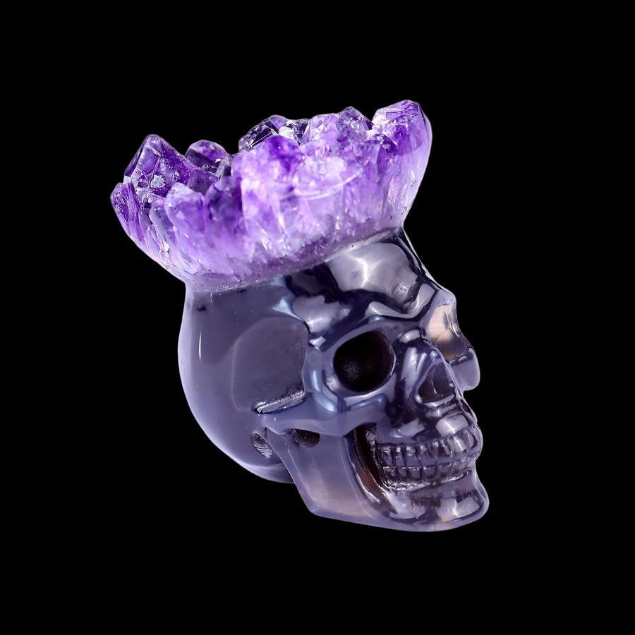 2.1" Amethyst Druse Agate Hand Carved Mineral Specimen Skull