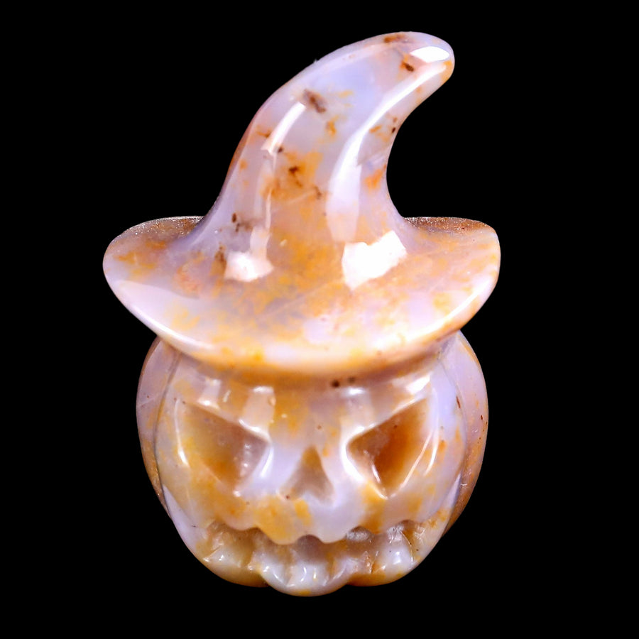 2.0" Natural Chalcedony Hand Carved Crystal Wizard Pumpkin, Halloween Gift