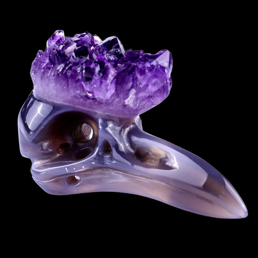 2.8" Amethyst Druse Agate Hand Carved Raven Skull