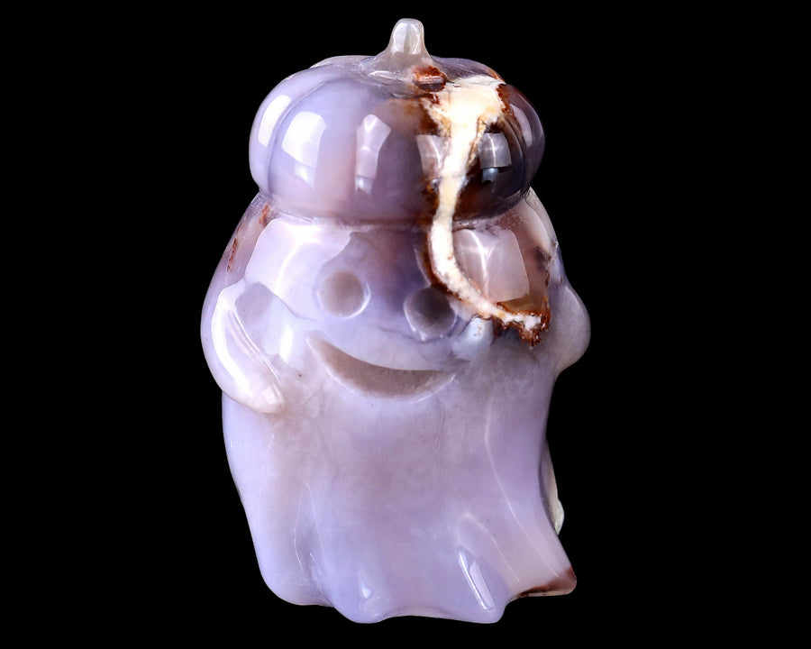3.0" Natural Chalcedony Hand Carved Crystal Pumpkin Ghost, Halloween Gift