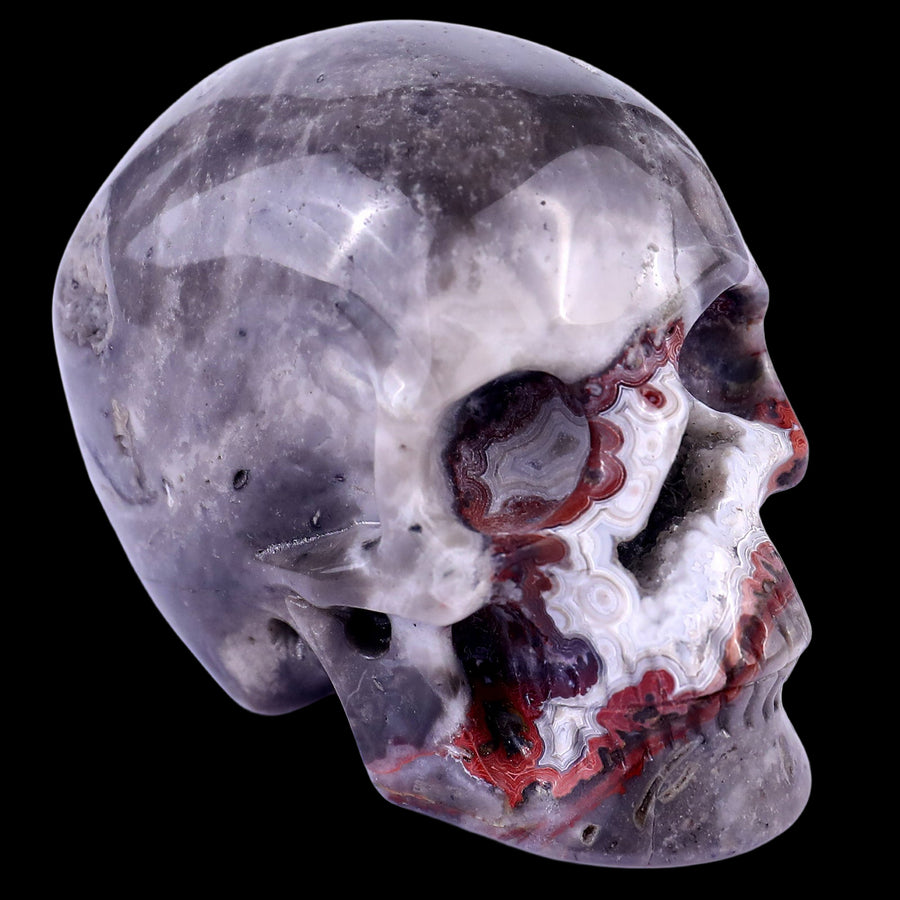 3.0" Red Crazy Lace Agate Hand Carved Geode Skull