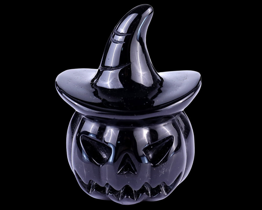 3.1" Black Obsidian Hand Carved Crystal Pumpkin Wizard