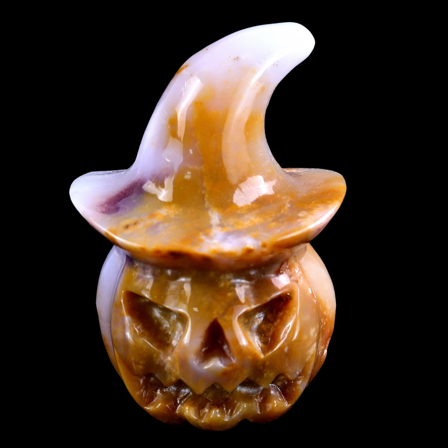 3.4" Natural Chalcedony Hand Carved Crystal Wizard Pumpkin, Halloween Gift