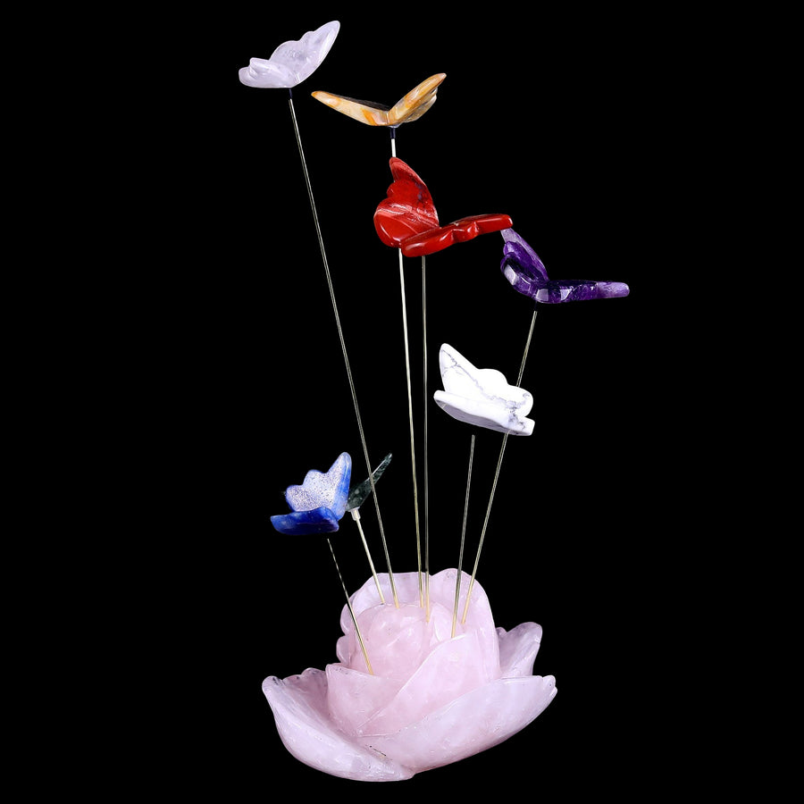 5.0" Rose Quartz Hand Carved Incense Holder with Colorful