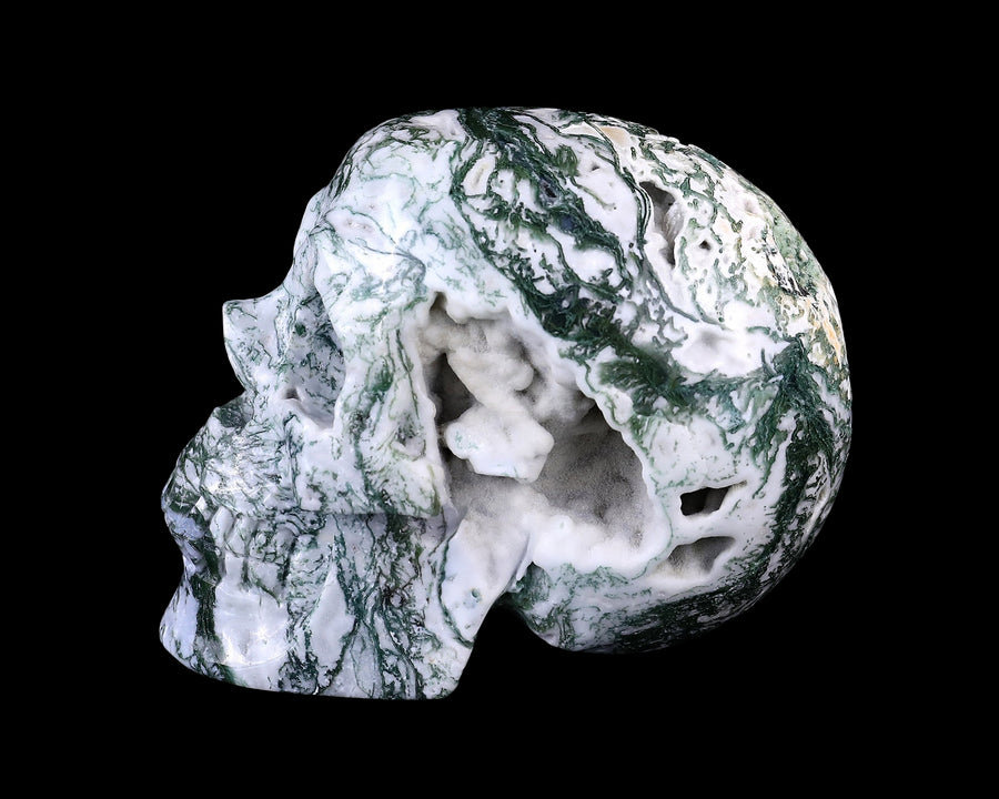 5.7" Moss Agate Hand Carved Realistic Skull