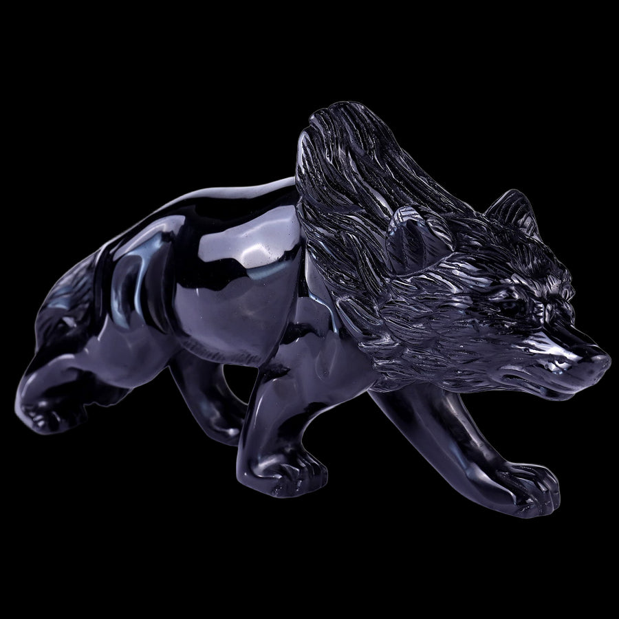 5.9" Black Obsidian Hand Carved Crystal Wolf