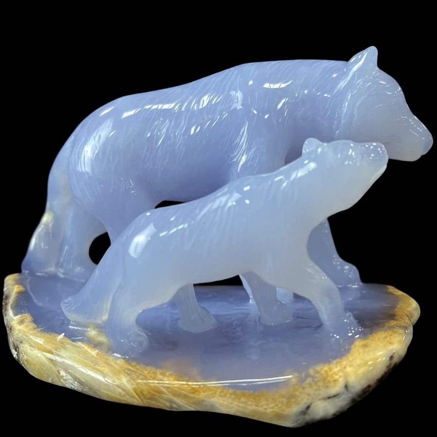 5'' Blue Chalcedony Hand Carved Wolves Decor Animal