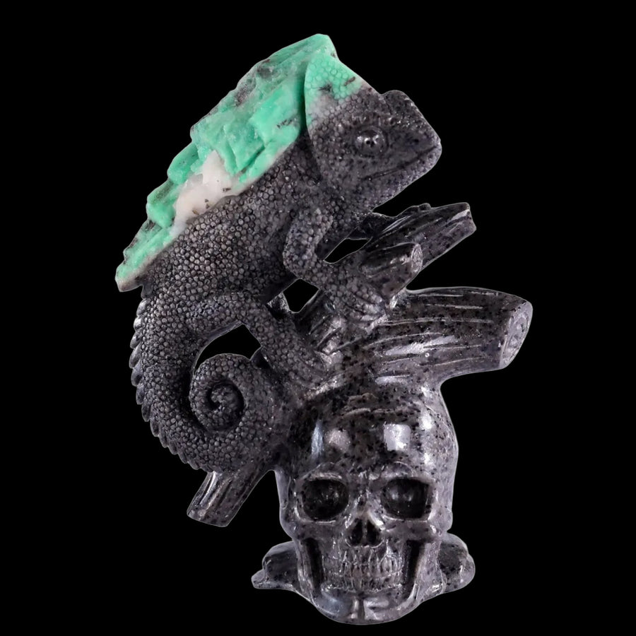 6.0" Emerald Hand Carved Crystal Lizard and Skull
