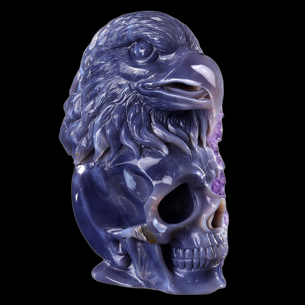 Kindredvein 7.2" Amethyst Druse Agate Hand Carved Mineral Specimen Skull and Eagle Sculpture (SKU: 3100315) - Photo 1