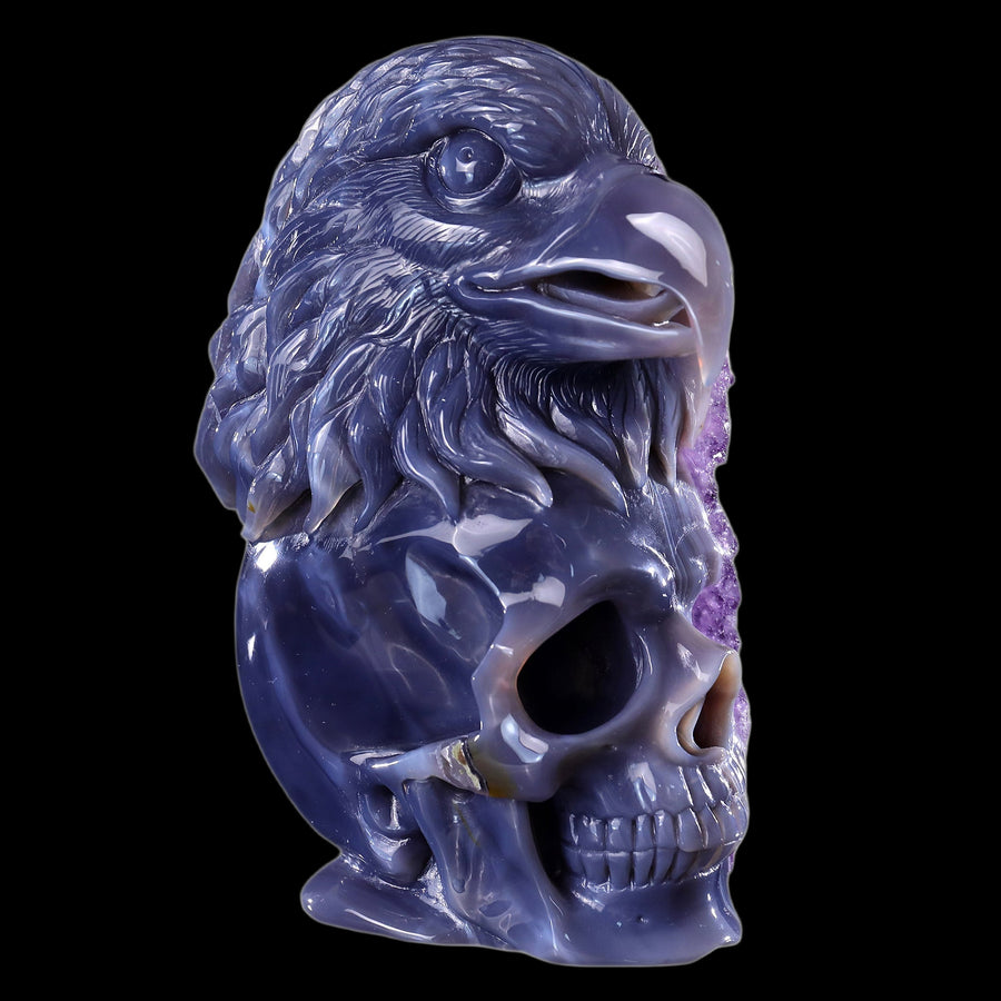 7.2" Amethyst Druse Agate Hand Carved Mineral Specimen Skull and Eagle