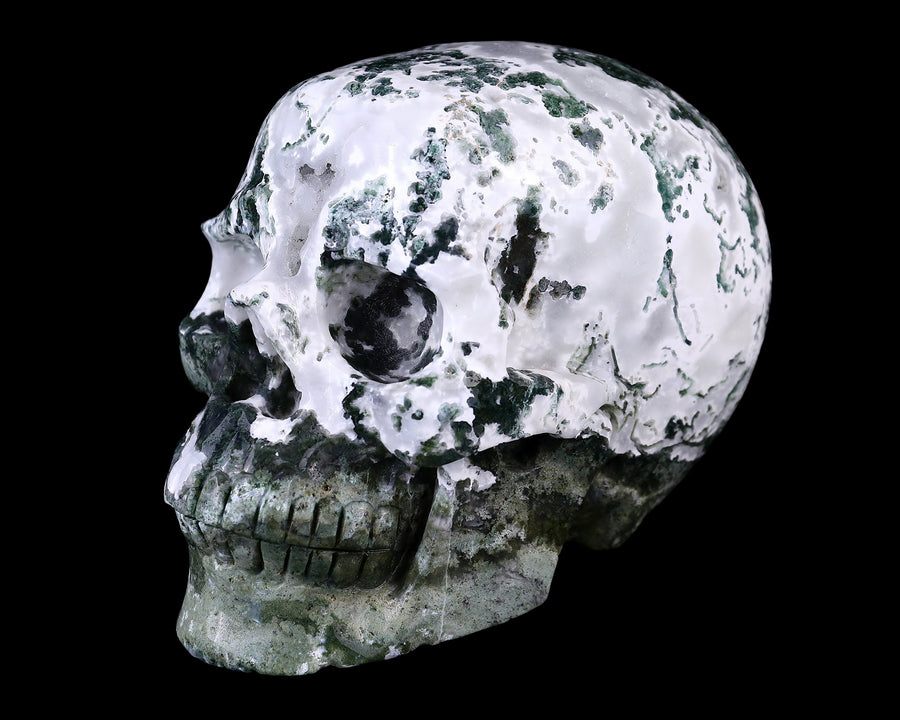 7.3" Moss Agate Hand Carved Realistic Skull