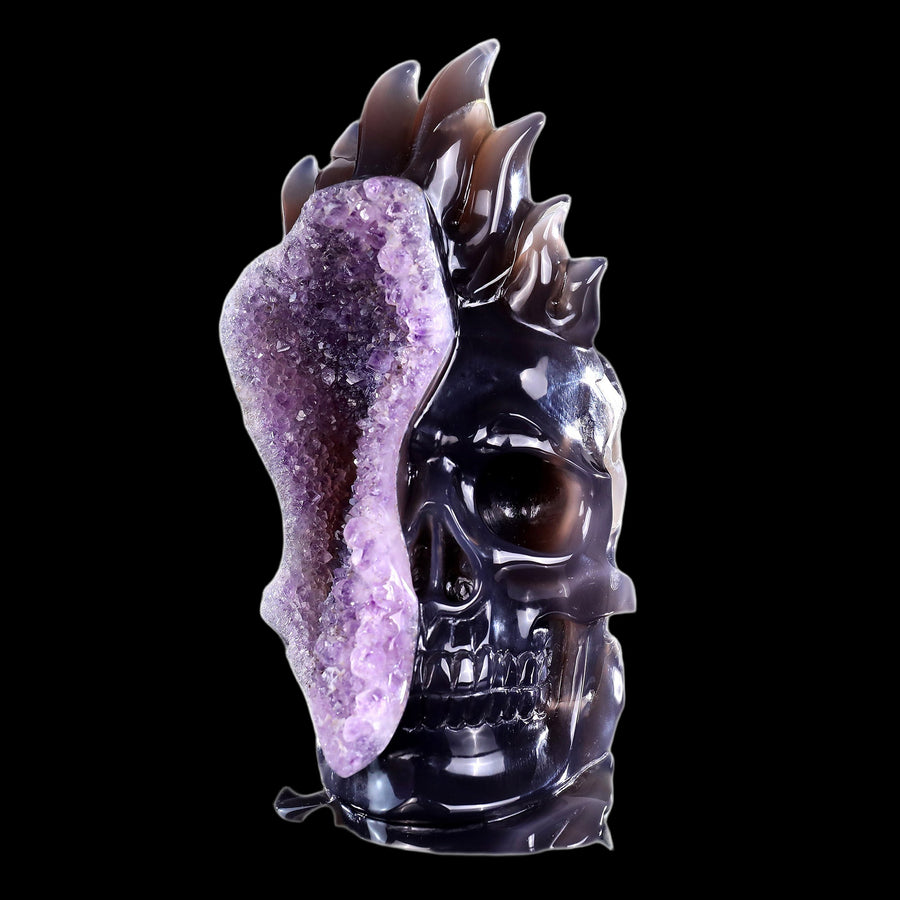 8.3" Amethyst Druse Agate Hand Carved Mineral Specimen Skull