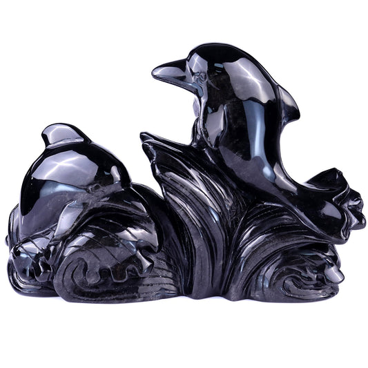 Kindred Vein 8.5" Black Obsidian Hand Carved Crystal Dolphins Sculpture (SKU: 1100098) - Photo 1
