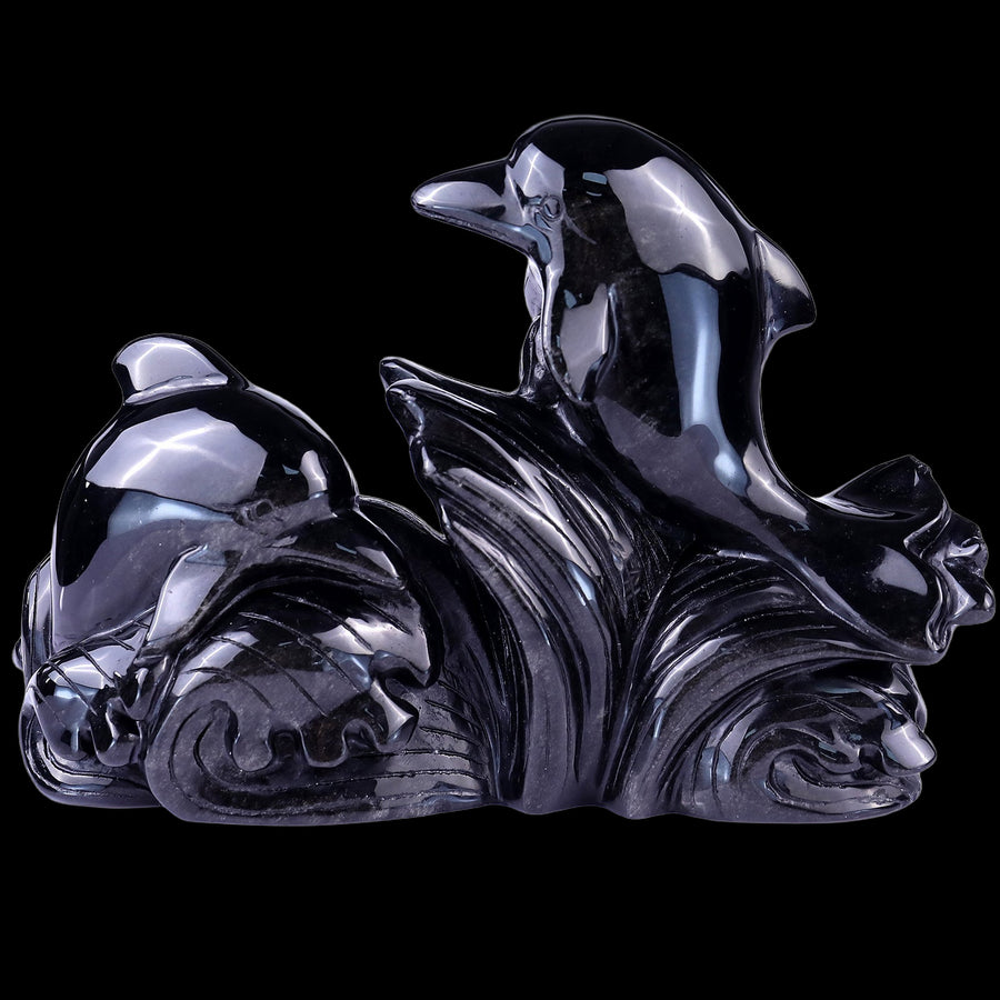 8.5" Black Obsidian Hand Carved Crystal Dolphins