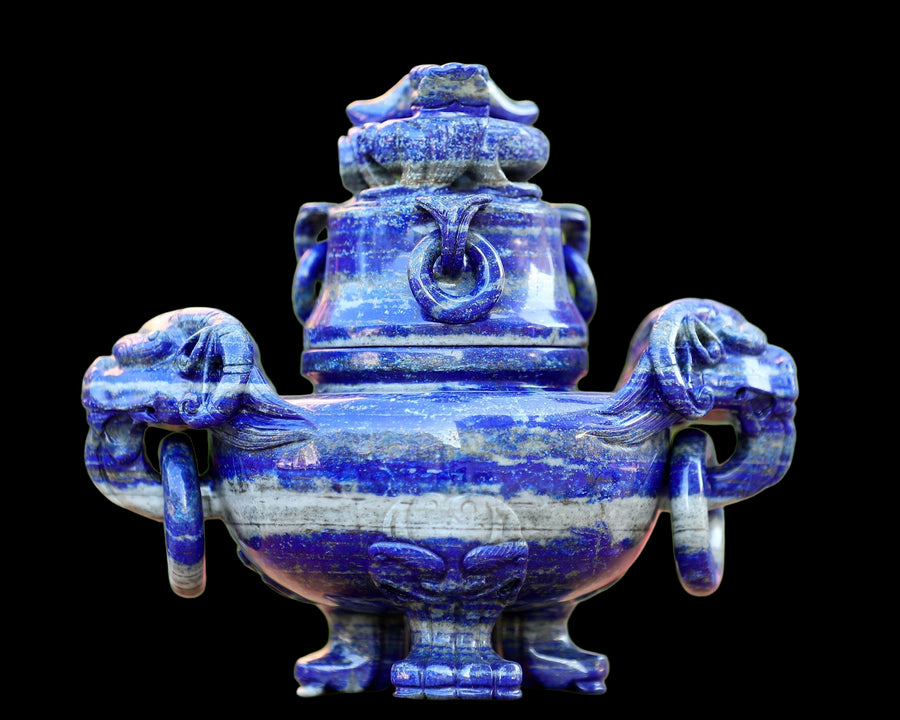 9.0" Natural Lapis Lazuli Hand Carved 3 Foot Censer with Lid