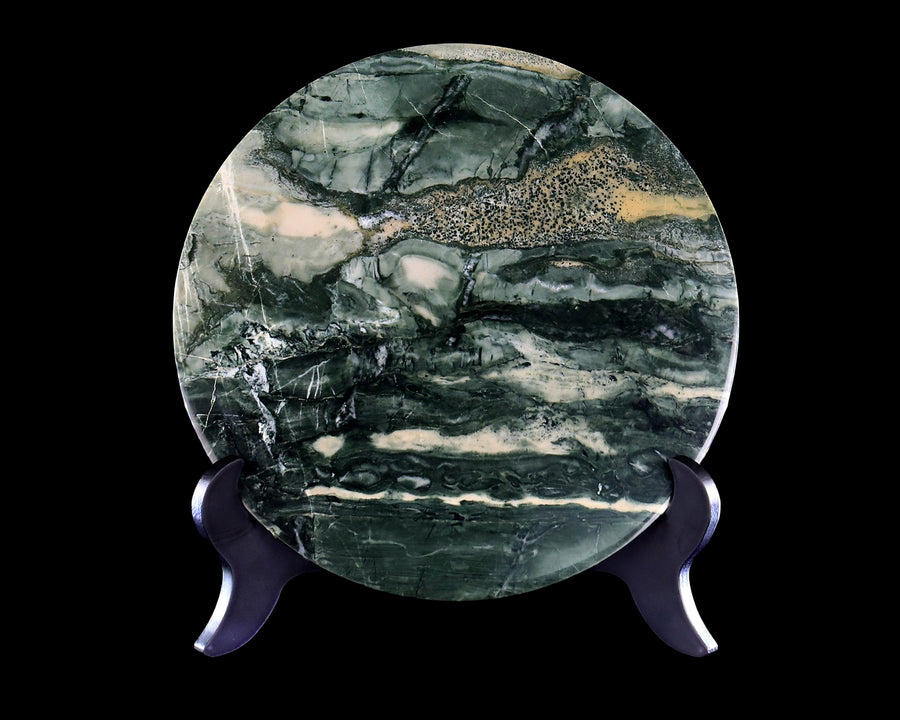 9" Natural Nine Dragon Jade Crystal Circular Display Plate with Wooden Stand