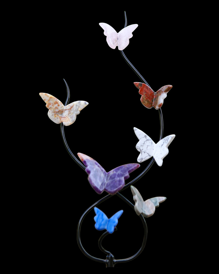 Natural Crystal Colorful Butterfly with Black Metal Stand