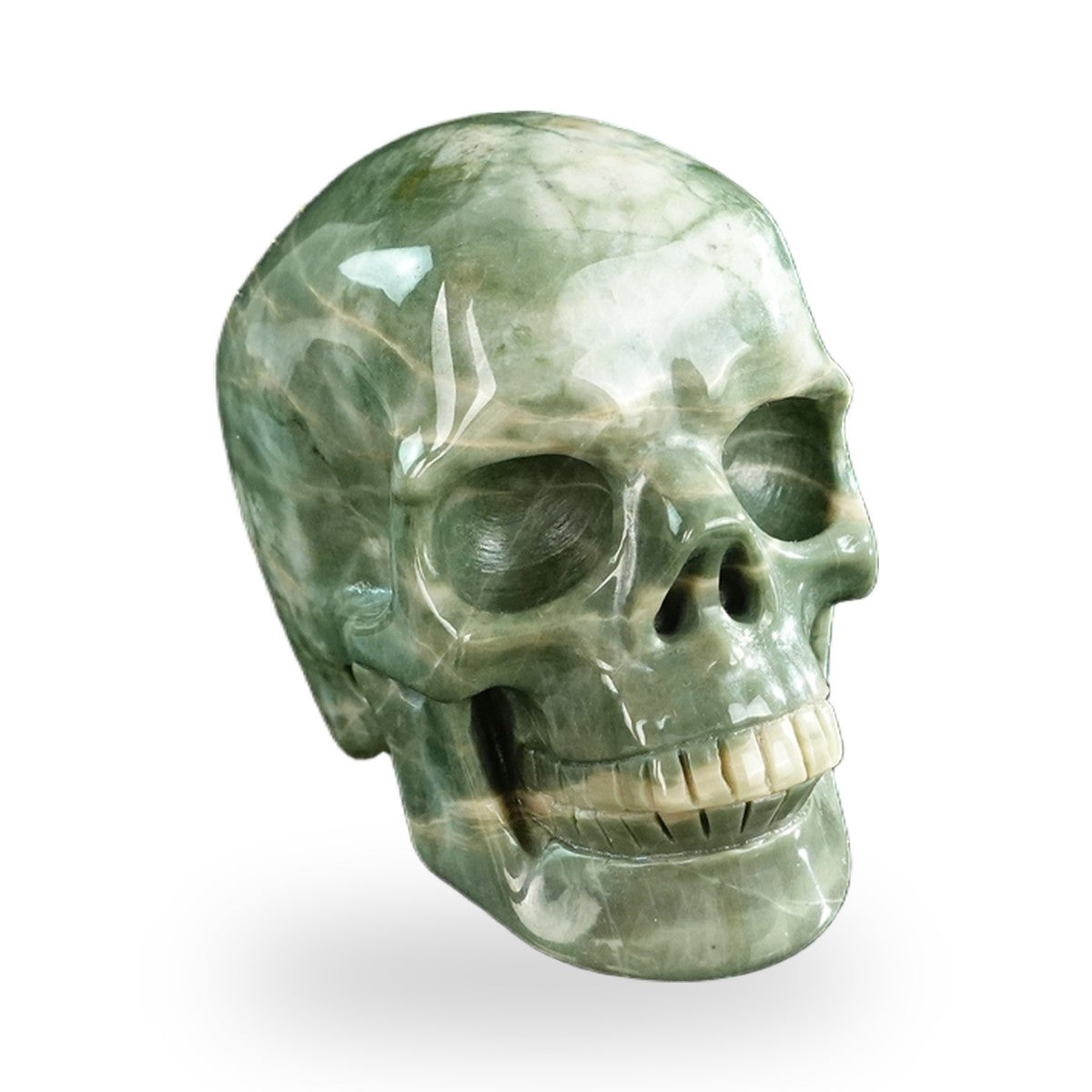 Kindred Vein 3" Nine Dragon Jade Hand Carved Crystal Realistic Skull Sculpture (SKU: SKH30HA01) - Photo 3