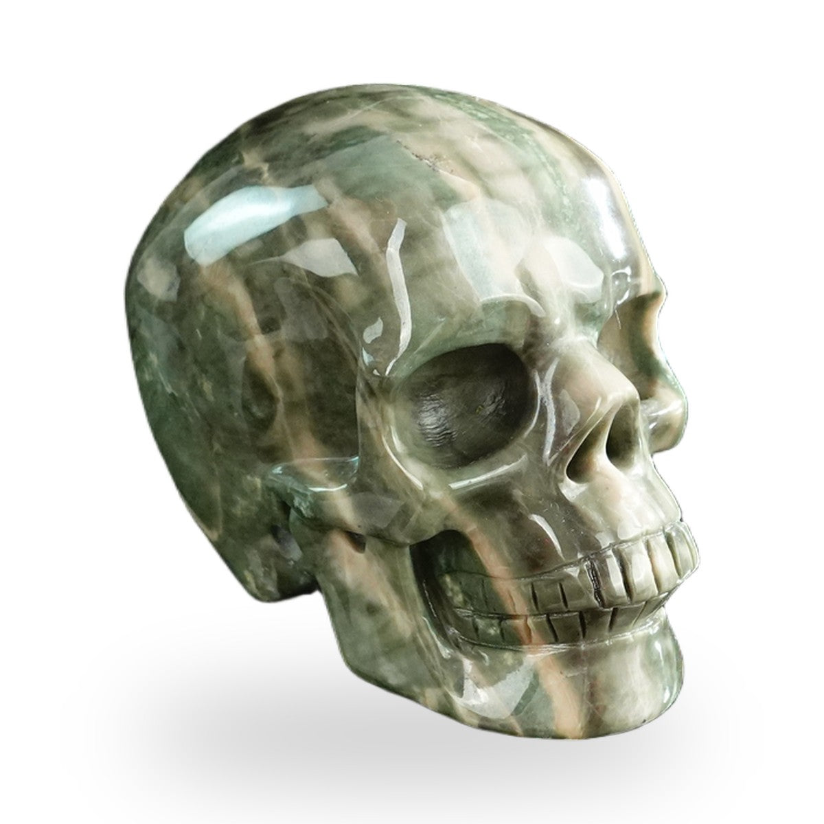 Kindred Vein 3" Nine Dragon Jade Hand Carved Crystal Realistic Skull Sculpture (SKU: SKH30HA02) - Photo 11