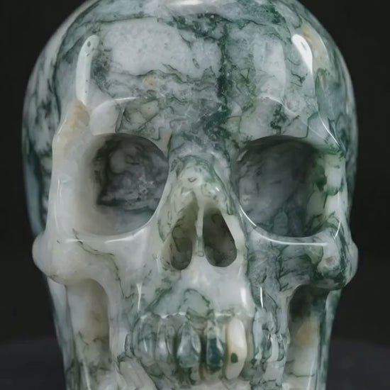 Kindred Vein 4.5" Moss Agate Hand Carved Crystal Realistic Skull Sculpture (SKU: skh45ma01) - Video