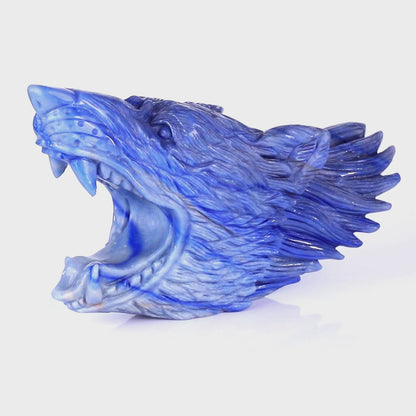 Kindred Vein 10.4" Blue Aventurine Hand Carved Crystal Wolf Head Sculpture (SKU: 2100164) - Video
