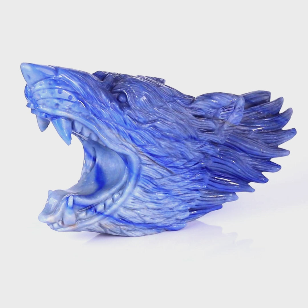 Kindred Vein 10.4" Blue Aventurine Hand Carved Crystal Wolf Head Sculpture (SKU: 2100164) - Video