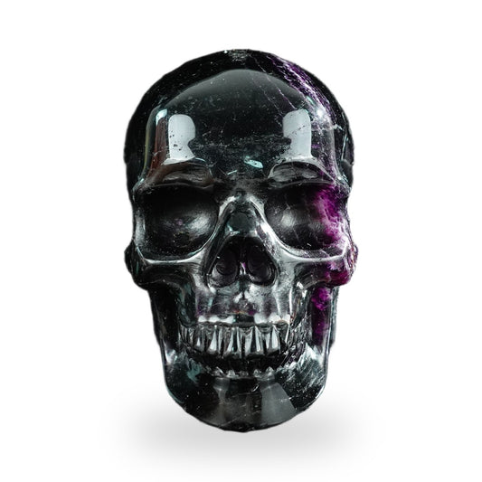 Kindred Vein 4.5" Rainbow Fluorite Hand Carved Crystal Realistic Skull Sculpture (SKU: SKH45GF01) - Photo 1